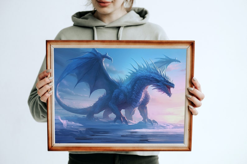 May include: A framed painting of a blue dragon with wings spread wide, standing on a snowy landscape with a pink and purple sky in the background.