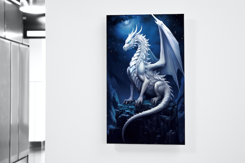 White Dragon Digital Art Download - Printable Wall Decor - Fantasy Dragon Art for Home Decoration image 1