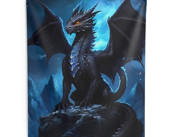 Black Dragon Tapestry - Midnight Black Dragon Wall Art Home Decor