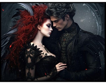 Gothic Romance Wall Art, Victorian Couple Poster, Fantasy Art Canvas Gift for Goth