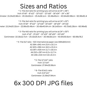 May include: A chart with a list of different file sizes and ratios for printing images. The chart includes measurements in inches and centimeters. The text at the bottom of the chart reads "6x 300 DPI JPG files".