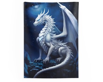 White Dragon Tapestry -  White Holy Dragon Wall Home Decor - Fantasy Gift for Gamer