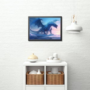 May include: A blue dragon with wings spread wide, standing on a frozen lake with a pink and orange sunset in the background.