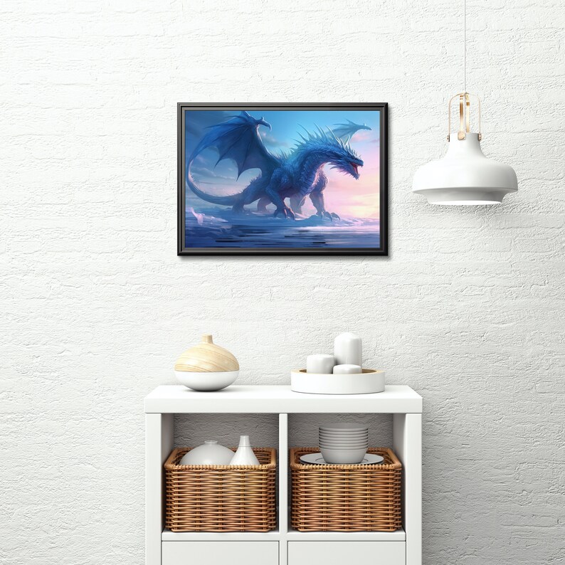 May include: A blue dragon with wings spread wide, standing on a frozen lake with a pink and orange sunset in the background.