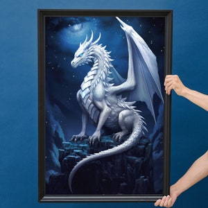 White Dragon Digital Art Download - Printable Wall Decor - Fantasy Dragon Art for Home Decoration image 2