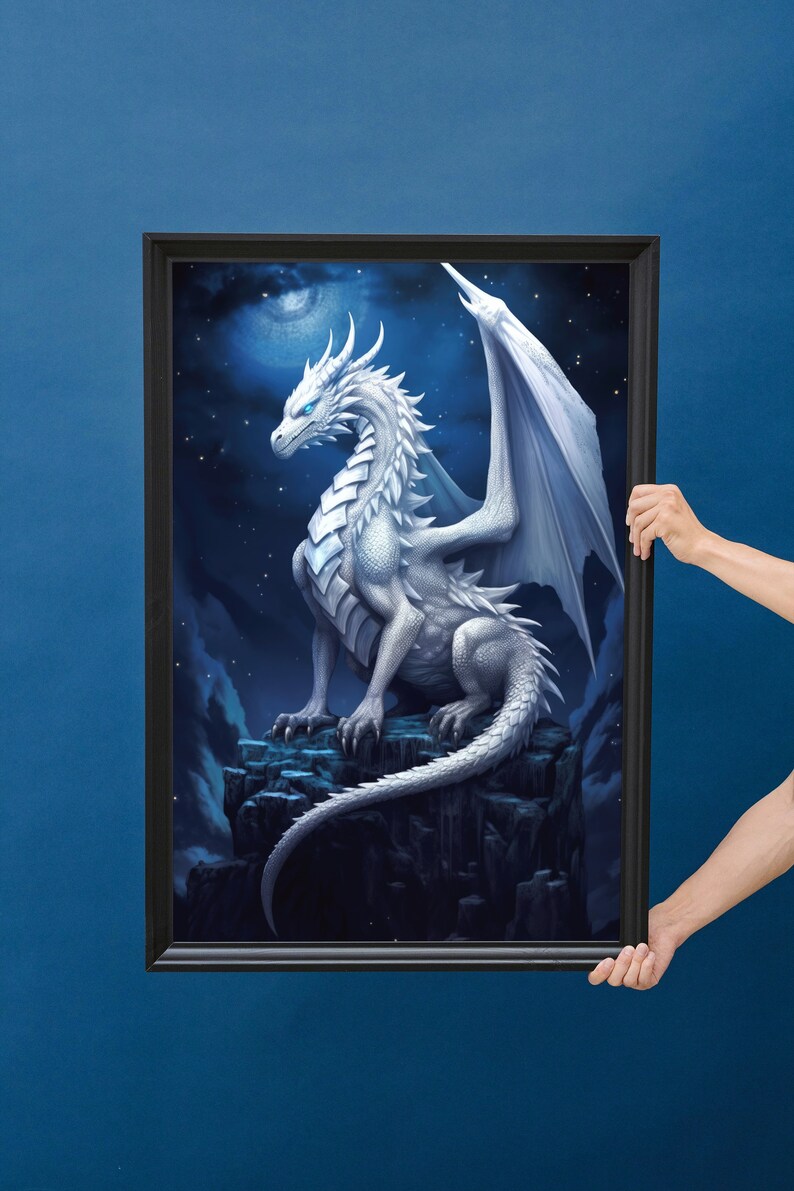 White Dragon Digital Art Download - Printable Wall Decor - Fantasy Dragon Art for Home Decoration image 2