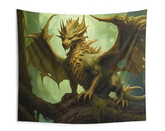 Green Dragon Tapestry - Nature Dragon Fantasy Wall Home Decor - Gift for Gamer