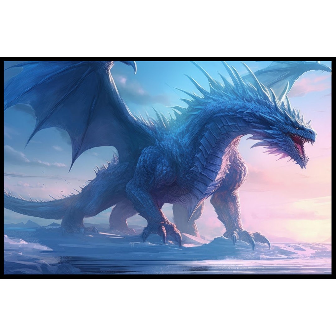 Blue Dragon Wall Art, Ice Dragon Poster, Fantasy Art Canvas Gift for