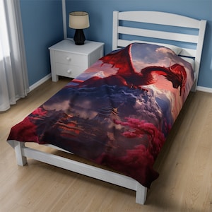 Chinese Red Dragon Blanket - Chinese Red Dragon and Blossom Village Velveteen Plush Blanket - Asian Gift