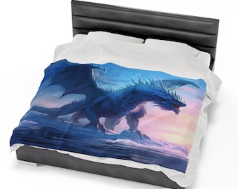 Blue Dragon Blanket - Ice Dragon Velveteen Plush Blanket - Gift for Gamer