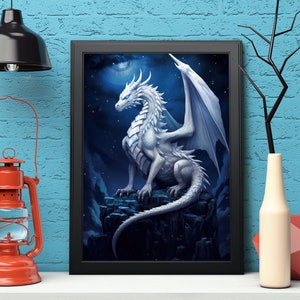 White Dragon Digital Art Download - Printable Wall Decor - Fantasy Dragon Art for Home Decoration image 5
