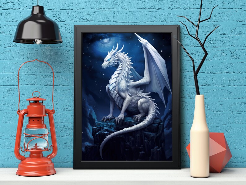 White Dragon Digital Art Download - Printable Wall Decor - Fantasy Dragon Art for Home Decoration image 5