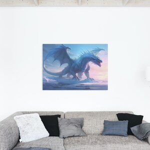 May include: A blue dragon with wings spread wide stands on a snowy, icy surface. The dragon has a long tail and sharp claws. The background is a soft, pastel blue and pink.