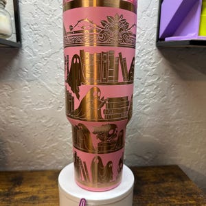 40oz Laser-Engraved Pink Tumbler with Ghosts, Dragons & Roses - Book Lover Cup, gift for her
