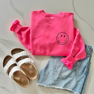 Neon Pink Smiley Sweatshirt, Lightning Smiley Sweatshirt