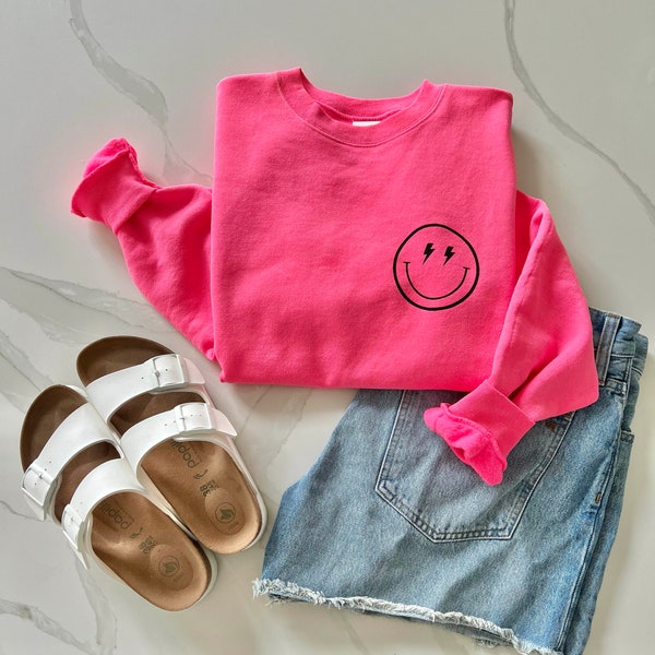 Neon roze smiley sweatshirt, bliksem smiley sweatshirt