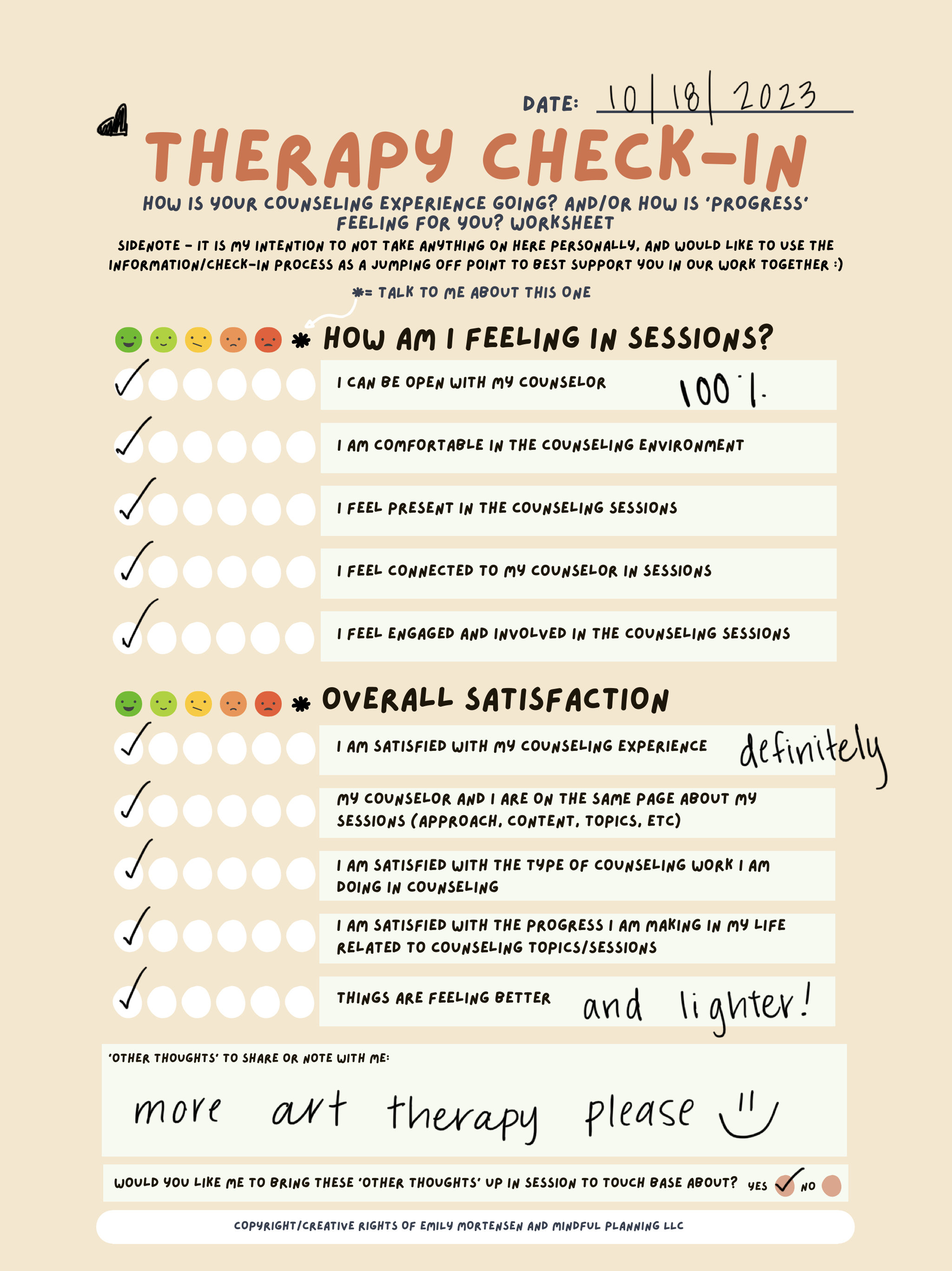 Therapy check in worksheet counseling client feedback form client