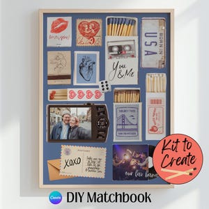May include: A framed DIY matchbook kit with various vintage-style elements. Includes a photo, postcards, matchboxes, and a cassette tape. The kit features the text "Kit to Create" and "DIY Matchbook".