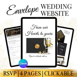 May include: A digital wedding website design displayed on three tablets. The central tablet shows a black envelope with a gold seal, champagne flutes, and the text "From our Hearts to yours." The design includes RSVP, 4 pages, and clickable features.