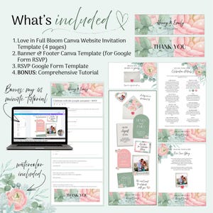 May include: A digital wedding invitation suite with a floral design. The suite includes templates for a website invitation, banner, RSVP form, and a tutorial. The text includes "What's included" and "Henry & Emily".