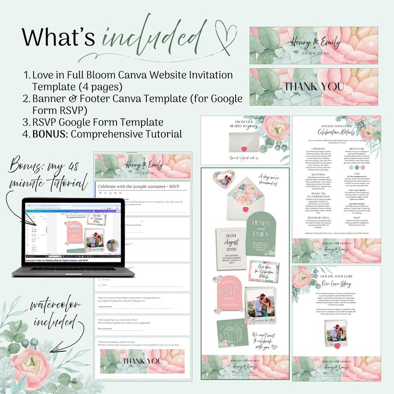 May include: A digital wedding invitation suite with a floral design. The suite includes templates for a website invitation, banner, RSVP form, and a tutorial. The text includes "What's included" and "Henry & Emily".