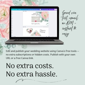 May include: A laptop displays a wedding website design with floral accents and the text "FROM OUR HEARTS TO yours." Additional text reads "Send via text, email or DM - instant & easy." The image promotes free website tools.