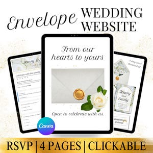 May include: A digital wedding website design featuring a white envelope with a gold seal and a white rose. The text includes "Envelope WEDDING WEBSITE", "From our hearts to yours", "RSVP", "4 PAGES", and "CLICKABLE".