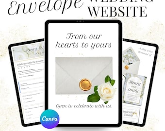 May include: A digital wedding website design featuring a white envelope with a gold seal and a white rose. The text includes "Envelope WEDDING WEBSITE", "From our hearts to yours", "RSVP", "4 PAGES", and "CLICKABLE".