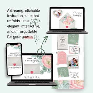 May include: Digital invitation suite displayed on a laptop, phone, and printed cards. The design features floral accents, a heart-shaped photo, and the text "From Our Hearts to Yours." Additional cards include RSVP and gift registry details.