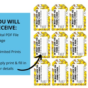 May include: Printable duck-themed gift tags with the text "Oh what luck you found a duck, keep or hide, you decide". The tags are yellow with a cartoon duck pattern and have blank spaces for writing.
