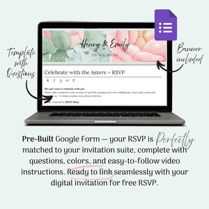 May include: A laptop displays a wedding RSVP form with floral accents and the text "Henry & Emily 26.06.2026." The screen includes the words "Celebrate with the Asters - RSVP." Additional text reads "Pre-Built Google Form - your RSVP is Perfectly..."