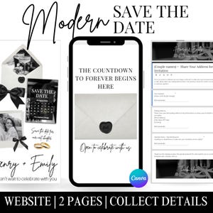May include: A modern wedding invitation design with the words "Save the Date" in elegant script. The design includes a smartphone mockup, an invitation card, and a form for collecting details. The color scheme is primarily black and white.
