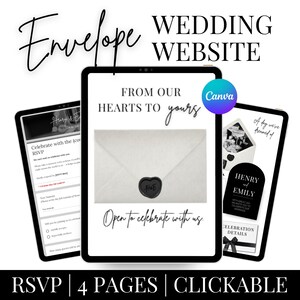 May include: A digital wedding website design displayed on three tablets. The central tablet shows a white envelope with a black wax seal. Text includes "From Our Hearts to Yours" and "Open to celebrate with us." The design includes RSVP and celebration details.
