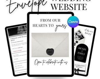 May include: A digital wedding website design displayed on three tablets. The central tablet shows a white envelope with a black wax seal. Text includes "From Our Hearts to Yours" and "Open to celebrate with us." The design includes RSVP and celebration details.