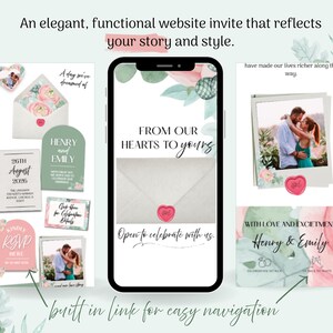 May include: A digital wedding invitation design with a smartphone mockup, featuring floral accents and the names "Henry & Emily." Additional cards include RSVP details and celebration information. The design includes the text "From Our Hearts to Yours."