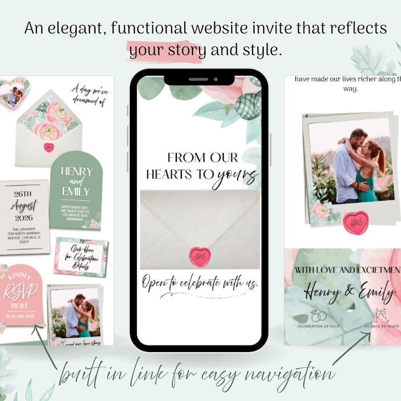 May include: A digital wedding invitation design with a smartphone mockup, featuring floral accents and the names "Henry & Emily." Additional cards include RSVP details and celebration information. The design includes the text "From Our Hearts to Yours."