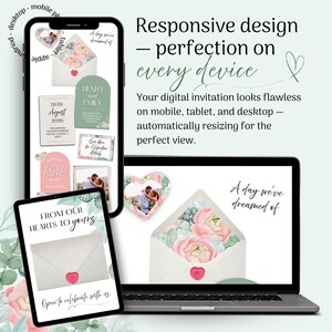 May include: A digital invitation design displayed on a smartphone, tablet, and laptop. The invitation features floral and heart-shaped elements, with the text "A day we've dreamed of." The design is described as responsive, perfect on every device.