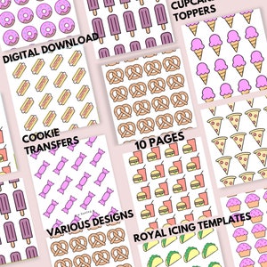 Könnte beinhalten: Ein digitaler Download von 10 druckbaren Seiten mit Vorlagen zum Dekorieren von Keksen und Cupcakes. Die Designs umfassen Brezeln, Donuts, Eiswaffeln, Hotdogs, Süßigkeiten, Pizzastücke, Hamburger und Tacos. Der Text "Digitaler Download", "Kekstransfers", "10 Seiten", "Cupcake-Topper", "Verschiedene Designs" und "Royal Icing Templates" ist auf den Seiten enthalten.