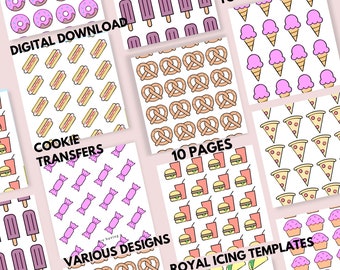 Pode incluir: Um download digital de 10 páginas imprimíveis de modelos para decorar biscoitos e cupcakes. Os designs incluem pretzels, donuts, cones de sorvete, cachorros-quentes, doces, fatias de pizza, hambúrgueres e tacos. O texto "Download digital", "Transferências de biscoitos", "10 páginas", "Toppers para cupcakes", "Vários designs" e "Modelos de glacê real" está incluído nas páginas.