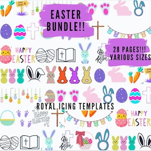 May include: A digital download of 28 pages of Easter-themed royal icing templates. The templates feature various designs, including bunnies, eggs, crosses, and the phrase "He is Risen".