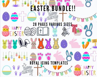 Pode incluir: Uma coleção de gráficos com tema de Páscoa, incluindo ovos, coelhos, cruzes, cenouras e os textos "Easter Bundle!!" e "Happy Easter." A imagem apresenta vários tamanhos e designs, adequados para artesanato e decoração.