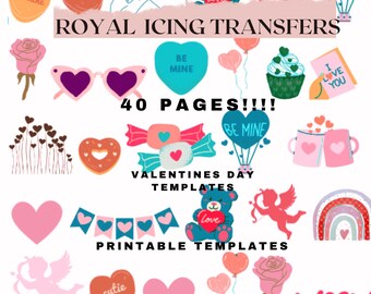 Pode incluir: Um download digital de 40 páginas de modelos imprimíveis para transferências de glacê real para o Dia dos Namorados. Os designs incluem corações, cupcakes, doces, um urso de pelúcia, um anjo e muito mais. O texto "ROYAL ICING TRANSFERS", "40 PAGES!!!", "VALENTINES DAY TEMPLATES", "PRINTABLE TEMPLATES" e "DIGITAL DOWNLOAD" está incluído na imagem.