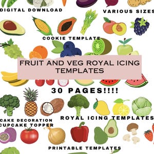 May include: A digital download of 30 printable fruit and vegetable royal icing templates. The templates are perfect for cake decoration and cupcake toppers. The image features a variety of fruits and vegetables, including strawberries, blueberries, lemons, pineapples, and avocados.