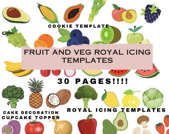 Pode incluir: Um download digital de 30 modelos de glacê real de frutas e vegetais imprimíveis. Os modelos são perfeitos para a decoração de bolos e cupcakes. A imagem apresenta uma variedade de frutas e vegetais, incluindo morangos, mirtilos, limões, abacaxis e abacates.