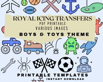 Pode incluir: Modelos PDF imprimíveis para decorações de cupcakes e bolos com uma variedade de imagens com tema de meninos e brinquedos, incluindo um monstro, um foguete, uma aranha, um carro de corrida, uma bola de futebol, uma nave espacial, um trem, um caminhão monstro, uma chave inglesa, uma aranha, uma bandeira quadriculada e uma âncora. O texto "Royal Icing Transfers" e "Boys & Toys Theme" está incluído na imagem.