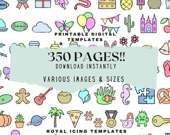Può includere: Un download digitale colorato di 350 pagine di modelli di glassa reale stampabili. L'immagine mostra una varietà di design, tra cui animali, cibo e temi festivi. Il testo "350 PAGINE!! SCARICA SUBITO IMMAGINI E DIMENSIONI VARIATE MODELLI DI GLASSA REALE" è visualizzato su uno sfondo blu chiaro.