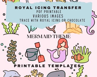 Pode incluir: Folhas de transferência de glacê real com tema de sereia imprimíveis. As folhas apresentam uma variedade de imagens, incluindo uma sereia, um balde e uma pá, um cavalo-marinho, uma baleia e algas marinhas. O texto "ROYAL ICING TRANSFER", "PDF PRINTABLE", "VARIOUS IMAGES", "TRACE WITH ROYAL ICING OR CHOCOLATE", "MERMAID THEME" e "PRINTABLE TEMPLATES" está incluído nas folhas.