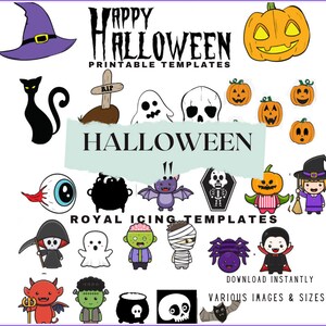 Peut inclure: Un ensemble de modèles imprimables sur le thème d'Halloween pour glaçage royal. Les modèles présentent divers personnages d'Halloween, notamment une sorcière, un fantôme, un crâne, une chauve-souris, un squelette, une citrouille, une araignée, un vampire, un monstre et un chaudron. Le texte "Happy Halloween Printable Templates" et "Halloween" est inclus dans l'image. Le texte "Royal Icing Templates" est également inclus dans l'image. Le texte "Download Instantly" et "Various Images & Sizes" est également inclus dans l'image.
