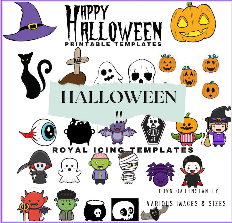 Pu&ograve; includere: Un set di modelli stampabili a tema Halloween per glassa reale. I modelli presentano vari personaggi di Halloween, tra cui una strega, un fantasma, uno scheletro, un pipistrello, uno scheletro, una zucca, un ragno, un vampiro, un mostro e un calderone. Il testo "Happy Halloween Printable Templates" e "Halloween" &egrave; incluso nell'immagine. Il testo "Royal Icing Templates" &egrave; anche incluso nell'immagine. Il testo "Download Instantly" e "Various Images & Sizes" &egrave; anche incluso nell'immagine.