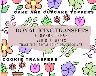 Pode incluir: Modelos imprimíveis para transferências de glacê real com tema floral. O design inclui várias imagens de flores, folhas e corações. O texto diz "Transferências de glacê real, Tema de flores, Várias imagens, Traçar com glacê real ou chocolate, Transferências de biscoitos, Modelos imprimíveis".